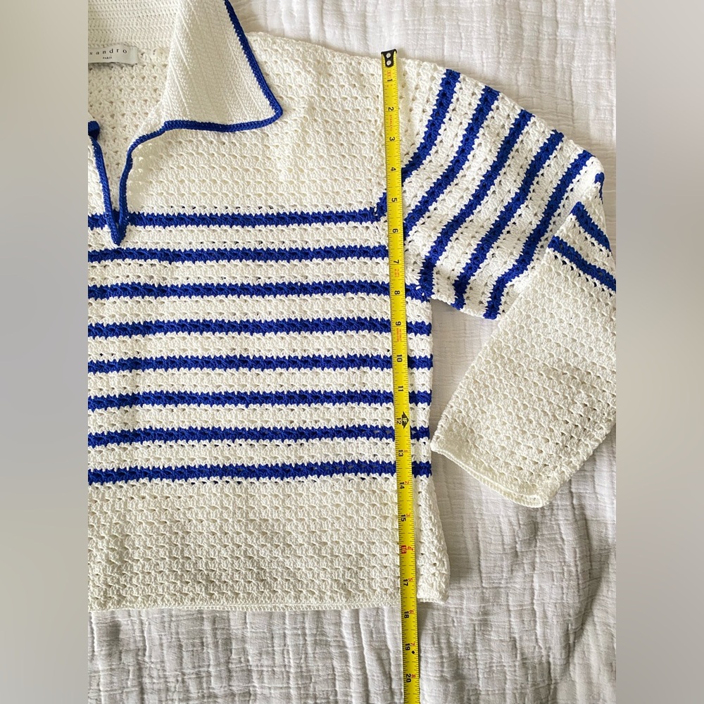 SANDRO Elise Stripe Crochet Cropped White Navy V-Neck Sweater Size Eu2/usM - Picture 9 of 12